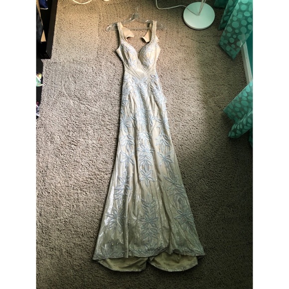 Jovani Champagne Open Back Embellished Prom Dress - Picture 4 of 6